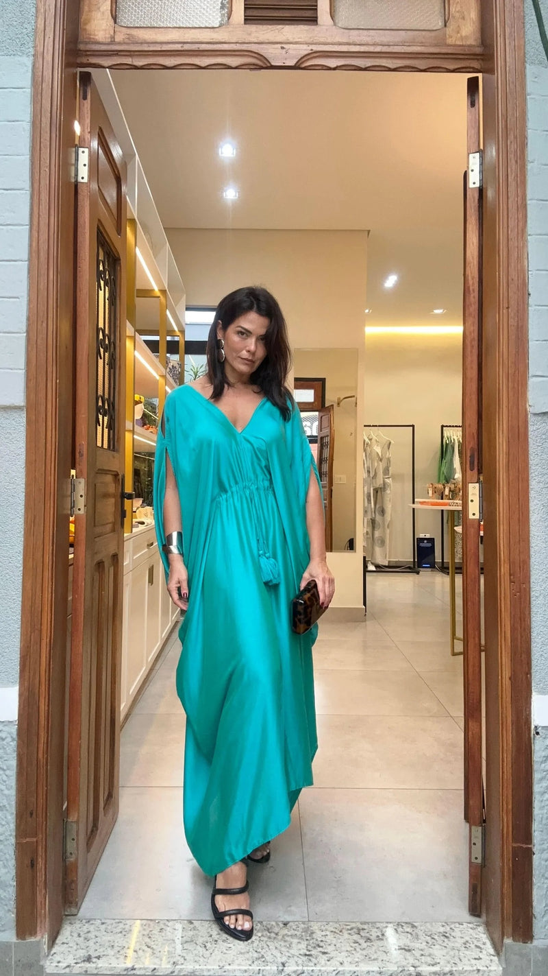 Kaftan para casamento, Sardenha Seda Pura EZILDINHA turquesa com clutch, look completo para casamento noturno