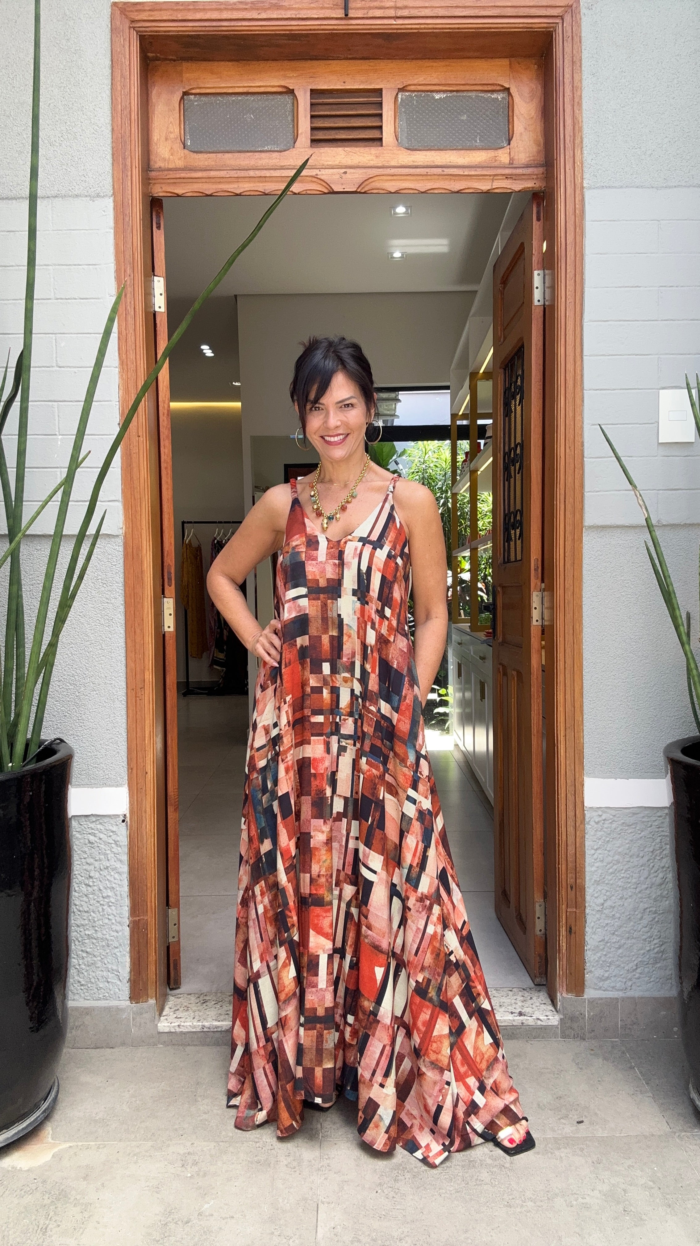 Vestido Alça Longo Estampa Detroit — Vista Frontal | EZILDINHA