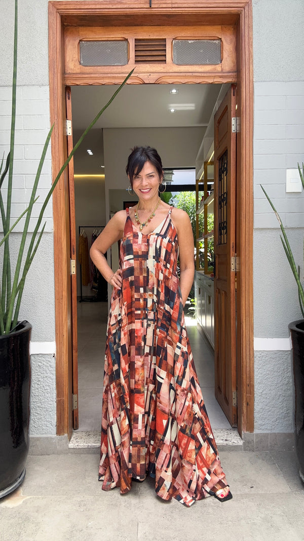 Vestido Alça Longo Estampa Detroit — Vista Frontal | EZILDINHA