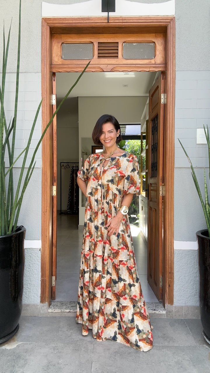 Vestido Camila Estampa Carmel — Detalhe do Tecido | EZILDINHA